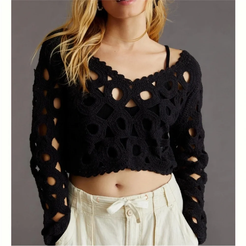 Anthropologie Maeve Cut-Out Crochet Topper in Black